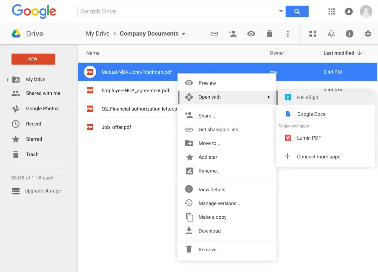 Menú contextual en Google Drive para abrir un PDF con Google Docs, útil para saber como firmar en Google Docs.