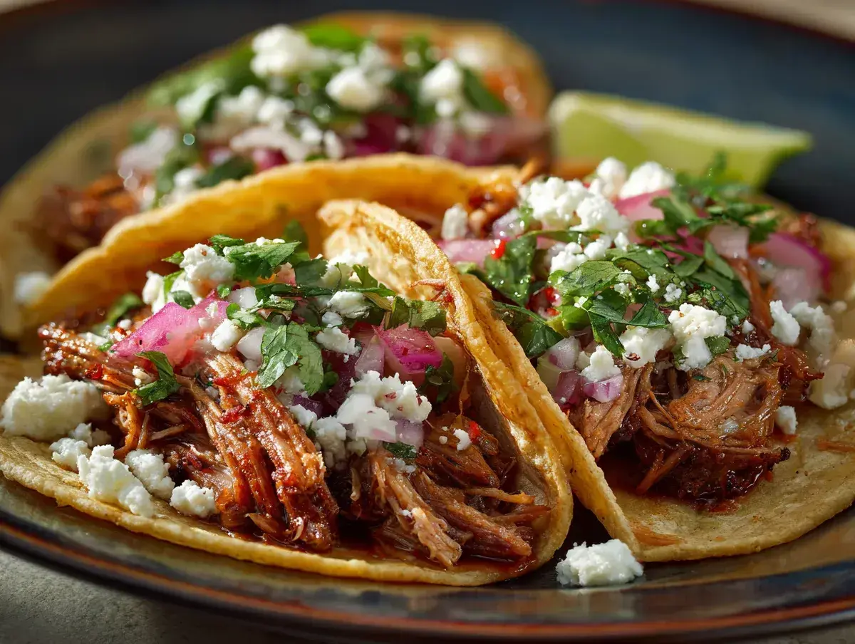 Tre saftiga carnitas-tacos med smulad ost, hackad lök och koriander. Perfekt för ett snabbt och gott carnitas recept.