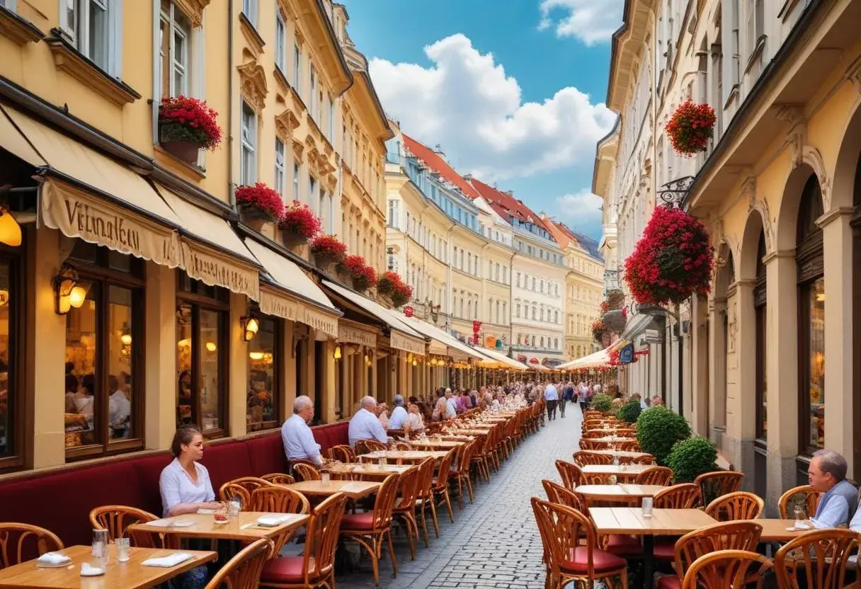 En livlig gata i Wien med många uteserveringar, perfekt för att njuta av vällagad vienna food under en solig dag.