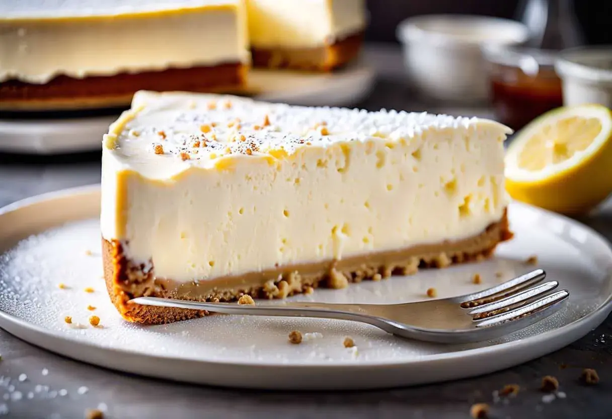 Tranche de cheesecake sans cuisson crémeux, garnie de miettes et de sucre glace, avec un quartier de citron à côté.