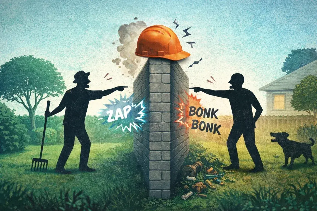 Due sagome puntano il dito contro un muro di confine tra due proprietà, con un casco arancione in cima. Suoni di "ZAP" e "BONK" indicano un conflitto.