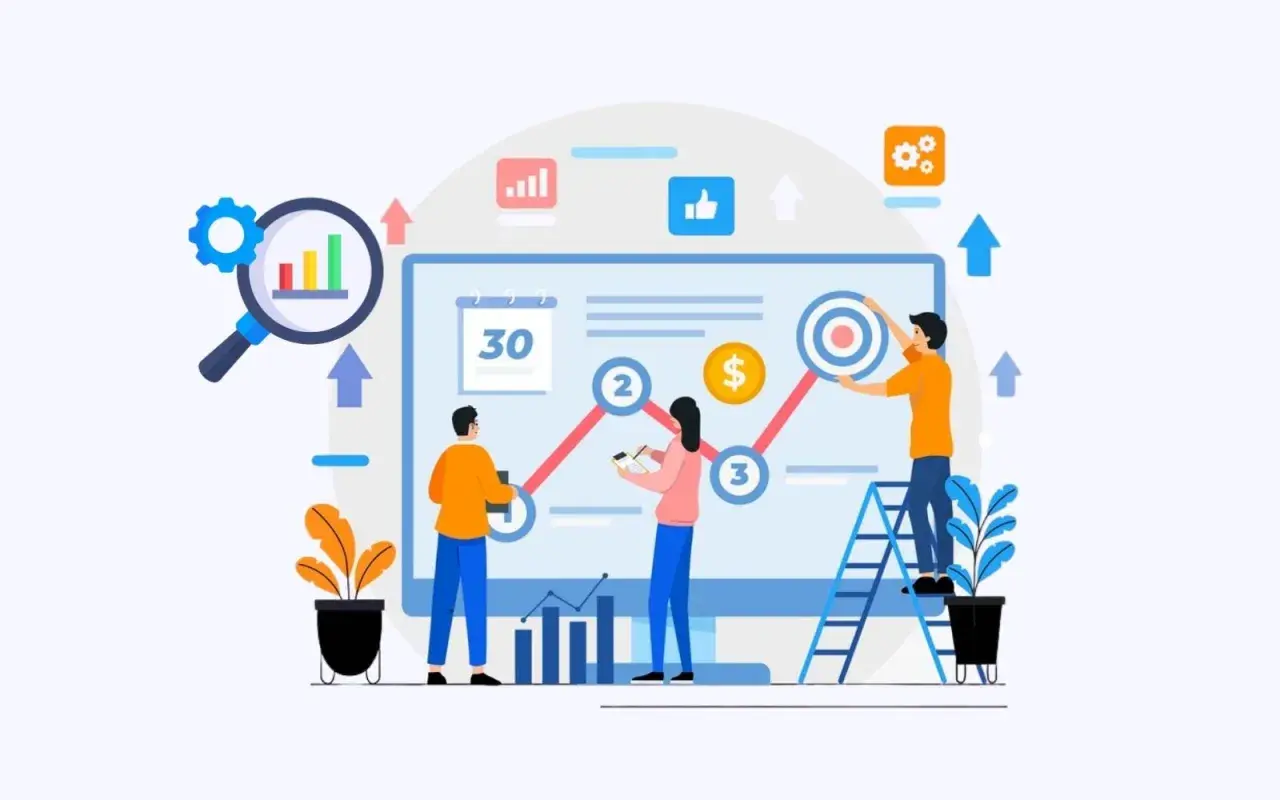 Des personnes analysent un graphique sur un écran, illustrant le marketing attribution. Des icônes de succès et de croissance sont visibles.