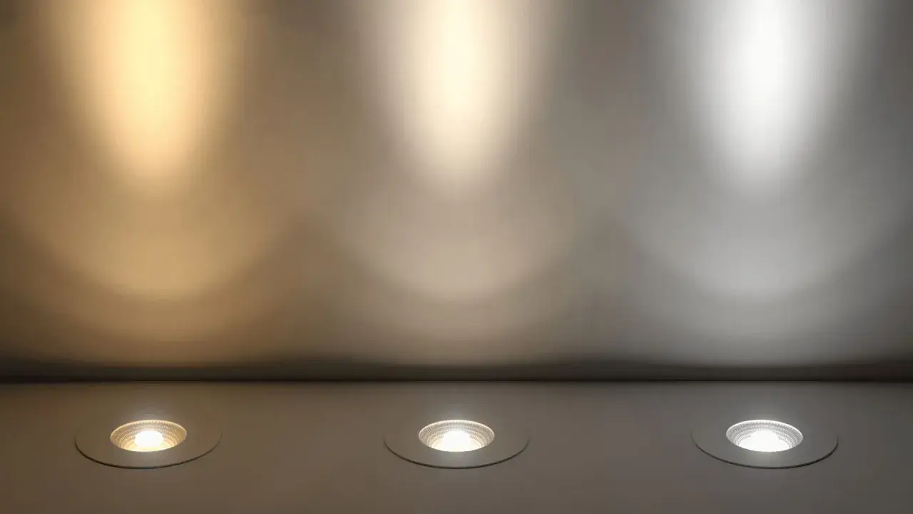 Tres focos empotrados muestran diferentes temperaturas de luz: cálida, neutra y fría. La luz fría es luz blanca, ideal para espacios modernos.