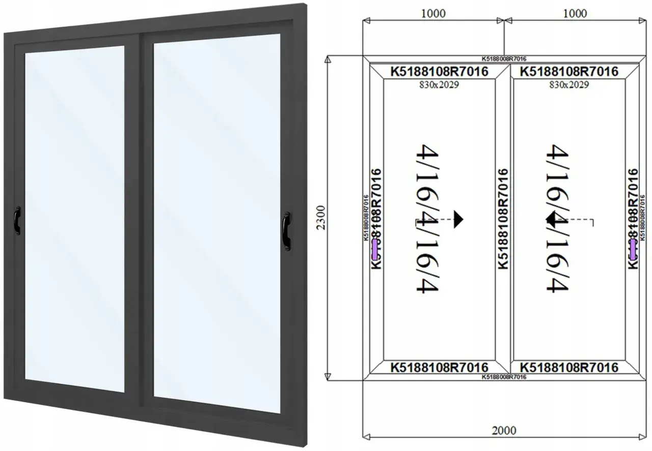 Drzwi tarasowe dwuskrzydłowe, wymiary 2000x2300 mm. Każde skrzydło ma 830x2029 mm.
