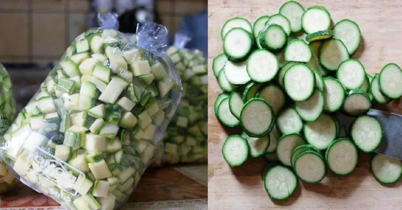 Zucchine tagliate a cubetti in sacchetti e a rondelle su un tagliere. Scopri quanto durano le zucchine cotte in frigo per conservarle al meglio.