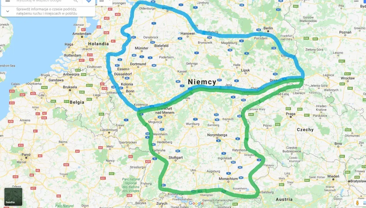 Trasa z Holandii przez Niemcy do Czech, zaznaczona na mapie Google.