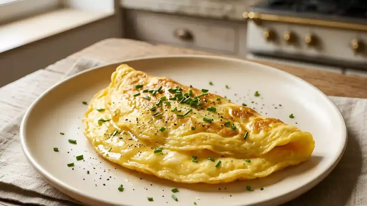 Une omelette dorée, garnie de ciboulette fraîche et de poivre noir, prête à être dégustée. Imaginez-la avec une garniture d'omelette aux fruits de mer.