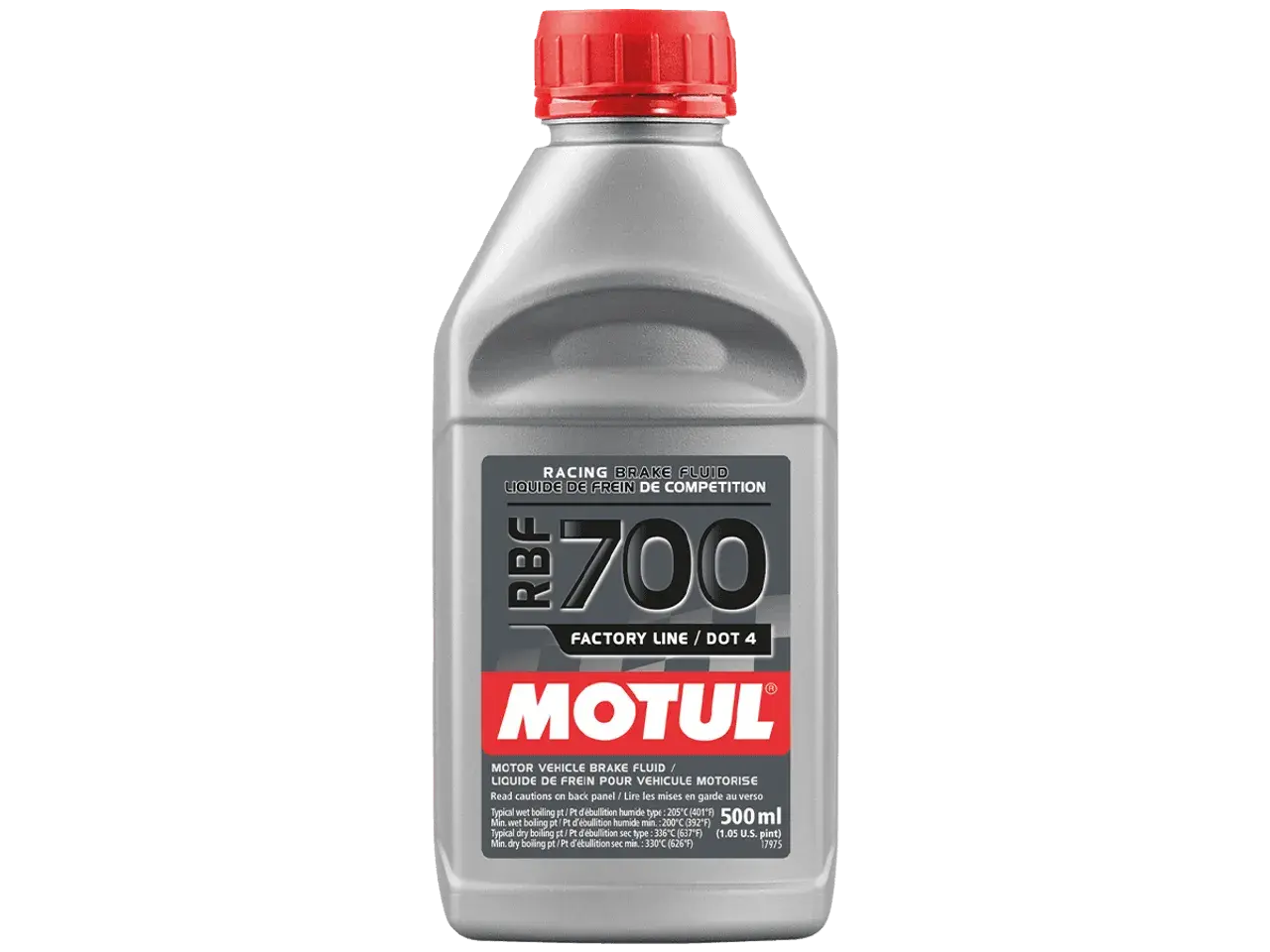 Bouteille de liquide de frein Motul RBF 700 DOT 4. Un choix idéal pour savoir quel liquide de frein choisir pour la compétition.