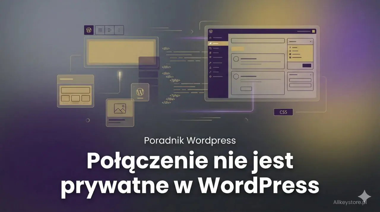Grafika przedstawia schemat budowy strony w **WordPress** z widocznym logo platformy.