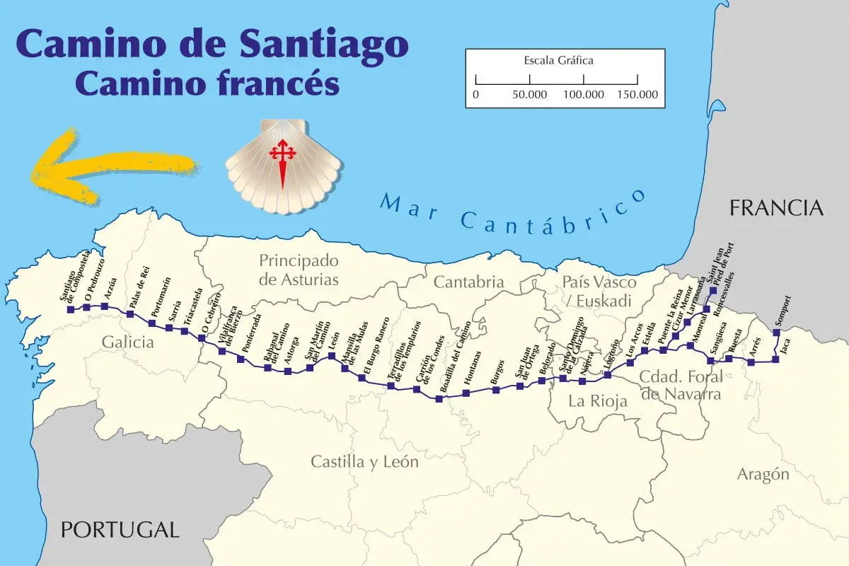 Mapa Camino Francés, szlak św. Jakuba. Pokazuje trasę od Francji do Santiago de Compostela. Skala graficzna pozwala oszacować, szlak św. Jakuba ile km ma do przejścia.