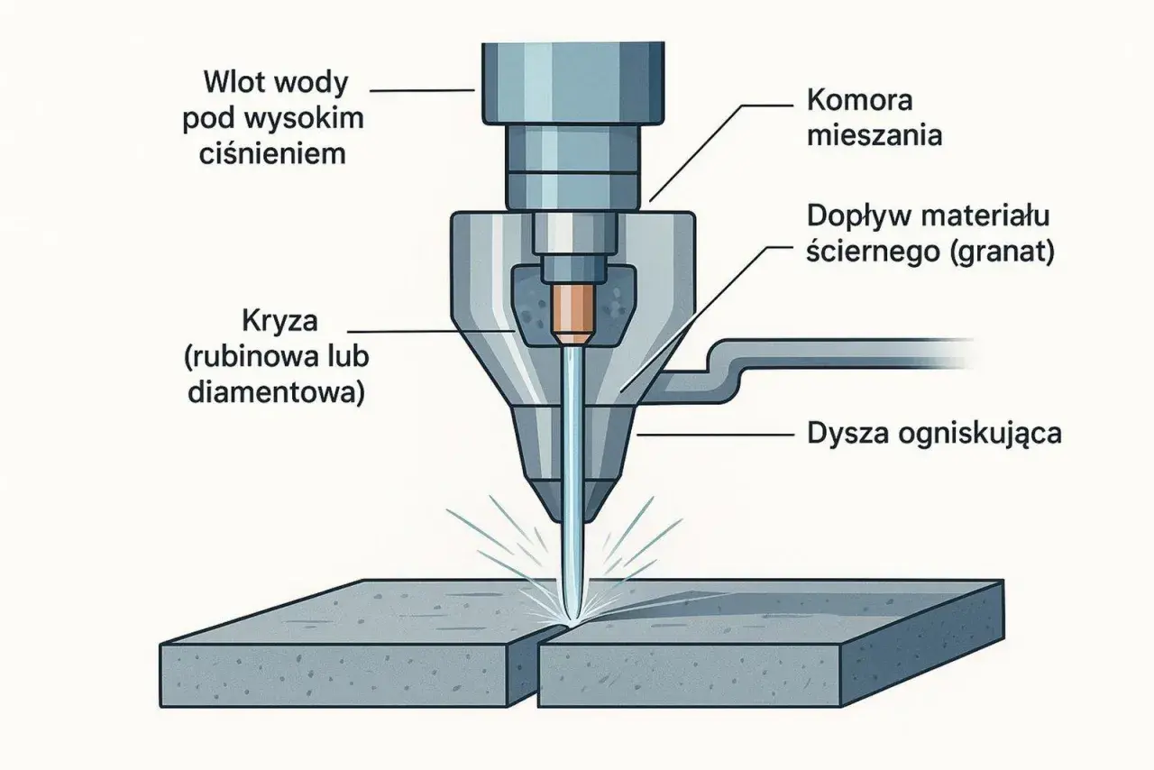 Schemat cięcia blachy strumieniem wody z materiałem ściernym. Woda pod ciśnieniem miesza się z granulatem w komorze, a następnie przez dyszę ogniskującą precyzyjnie nacina materiał.
