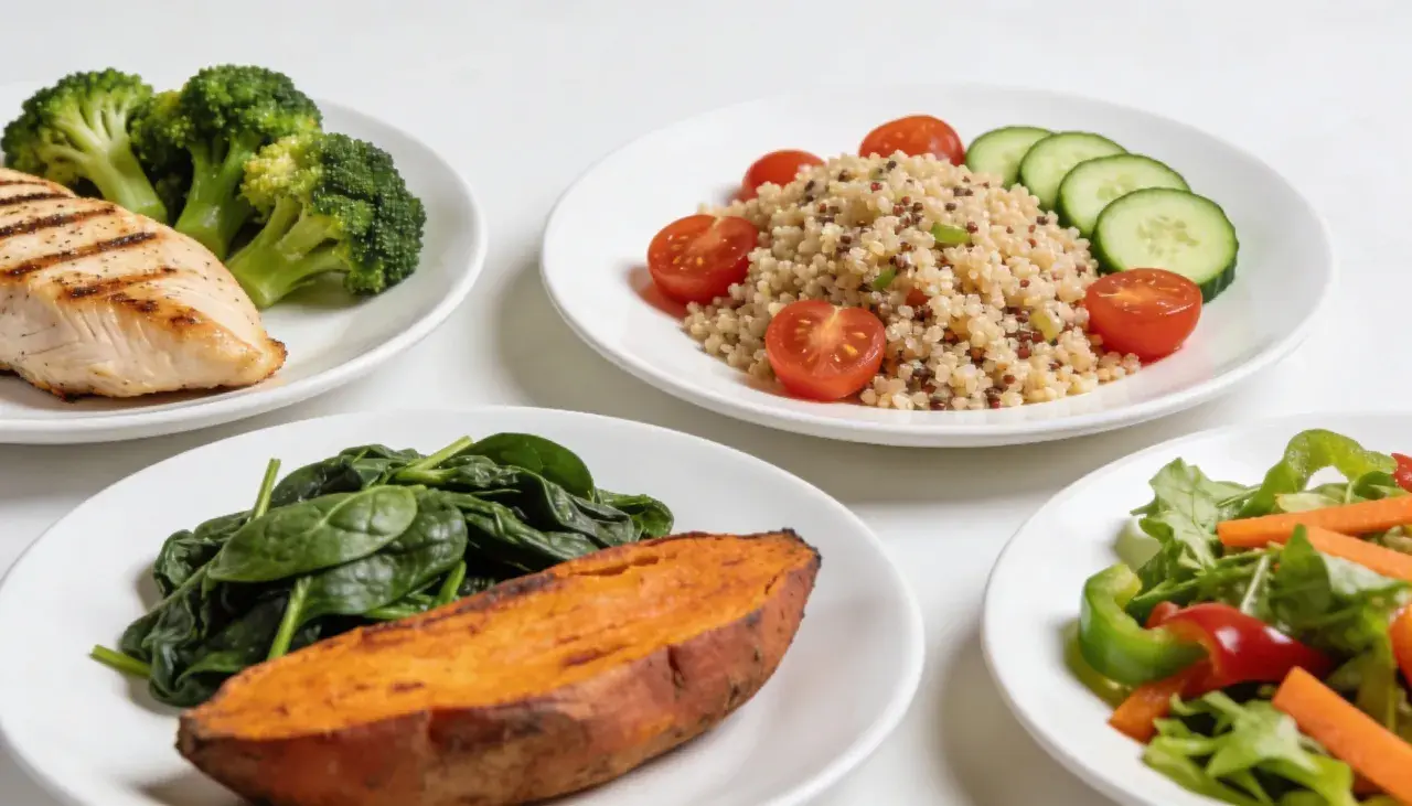 Platos con pollo a la parrilla, brócoli, batata, quinoa y ensalada. Una dieta balanceada para dejar de comer para adelgazar.