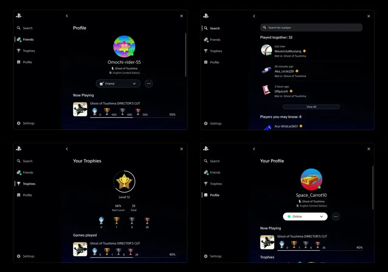 Cztery ekrany profilu PlayStation z grą Ghost of Tsushima, pokazujące profile graczy i trofea.