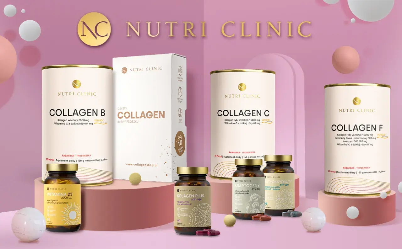 Suplementy diety Nutri Clinic: kolagen B, C, F, witamina D3, adaptogeny i antyoksydanty. Dbanie o zdrowie z minerałami i witaminami.