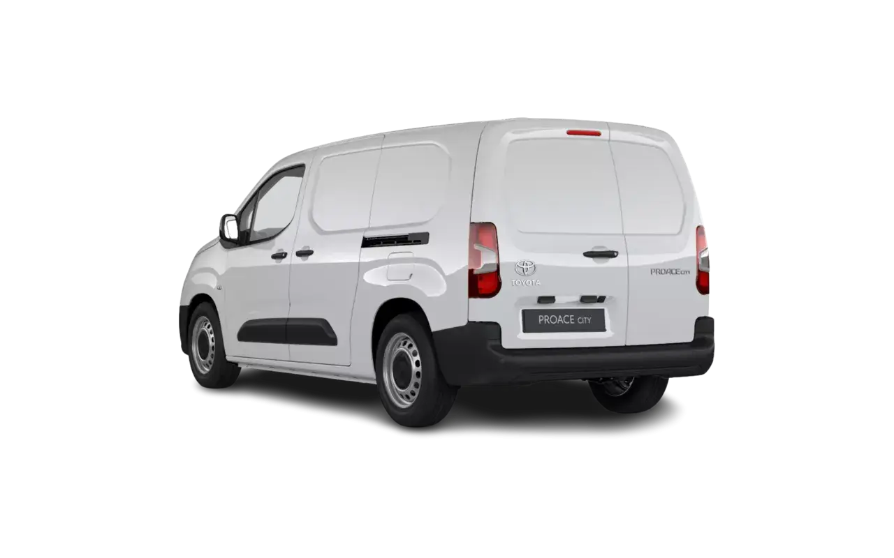 Biały Toyota Proace Long, wersja City, widziany z tyłu i z boku. Idealny do transportu towarów.
