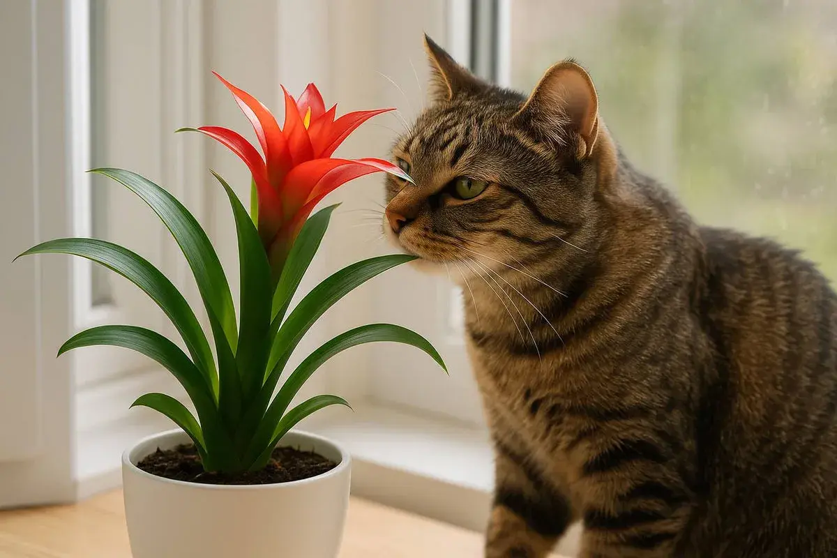 Eine getigerte Katze schnuppert neugierig an einer leuchtend roten Guzmania-Blume.