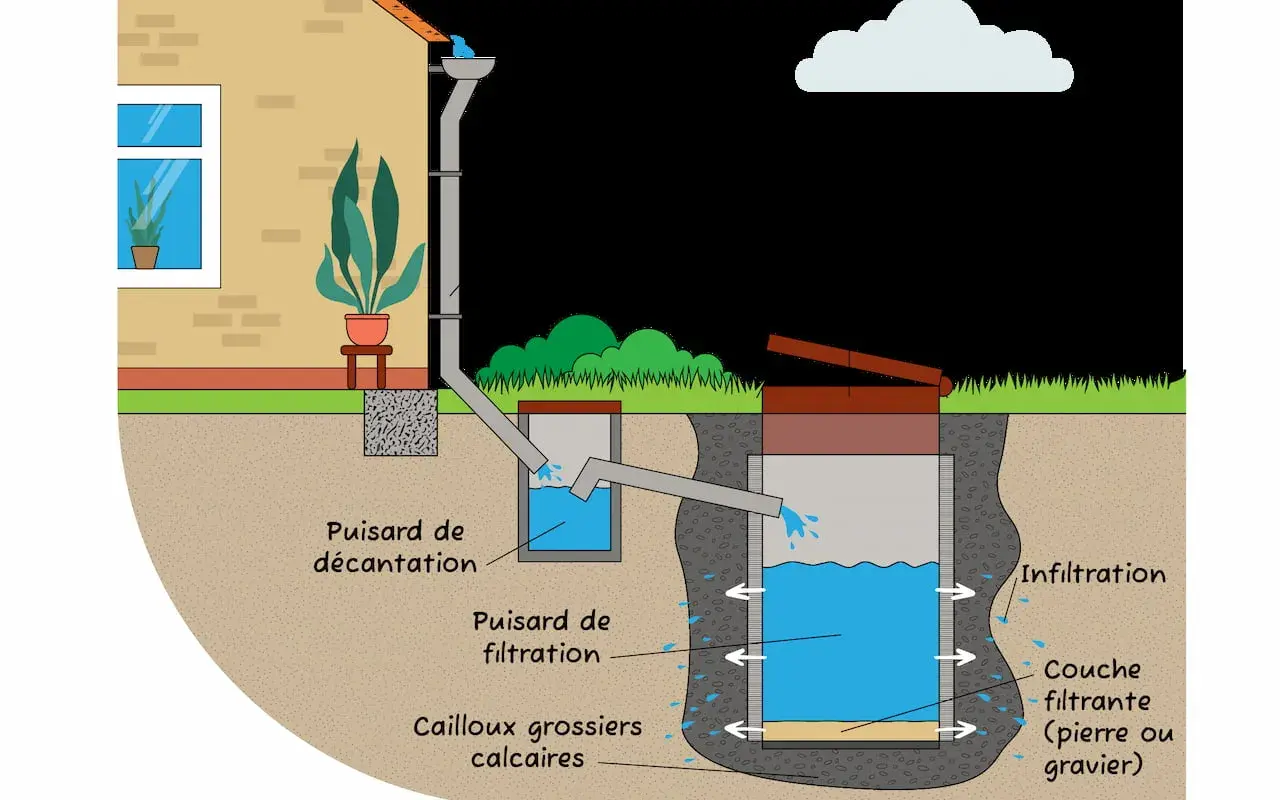 Schéma d'un système de récupération des eaux pluviales pour une maison individuelle, illustrant la réglementation et le traitement de l'eau.
