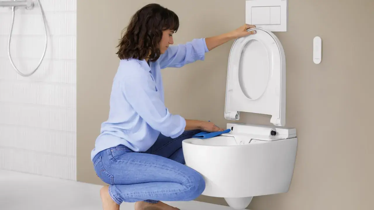 Donna pulisce il WC con un panno blu. Per una pulizia profonda, usa ammoniaca per pulire wc.
