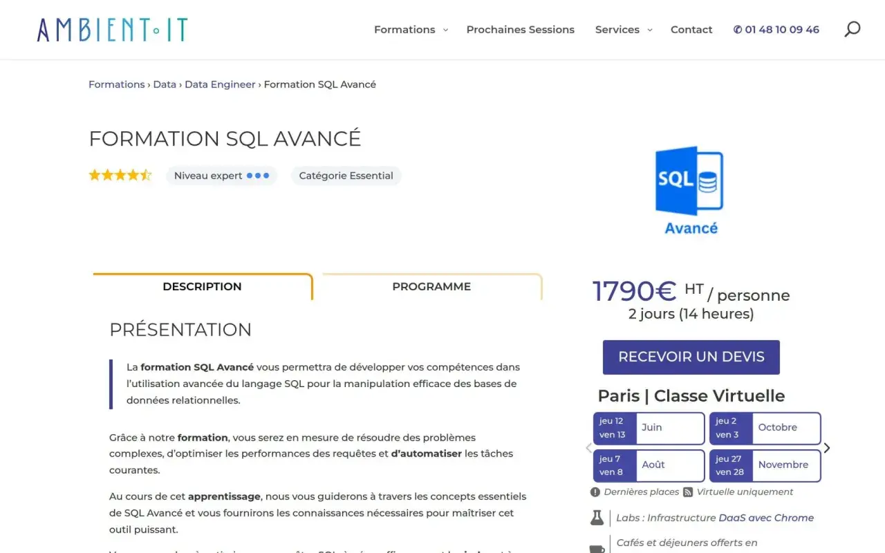 Formation SQL Avancé pour maîtriser les données SQL. Apprenez à optimiser les requêtes et automatiser les tâches.