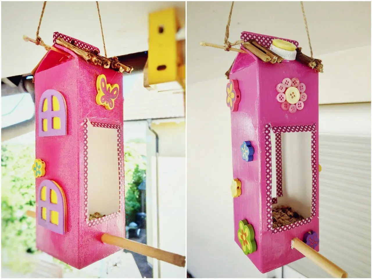 Ein süßes haus aus milchkarton basteln: bunte Blumen, Schmetterlinge und Knöpfe zieren dieses DIY-Vogelhaus.