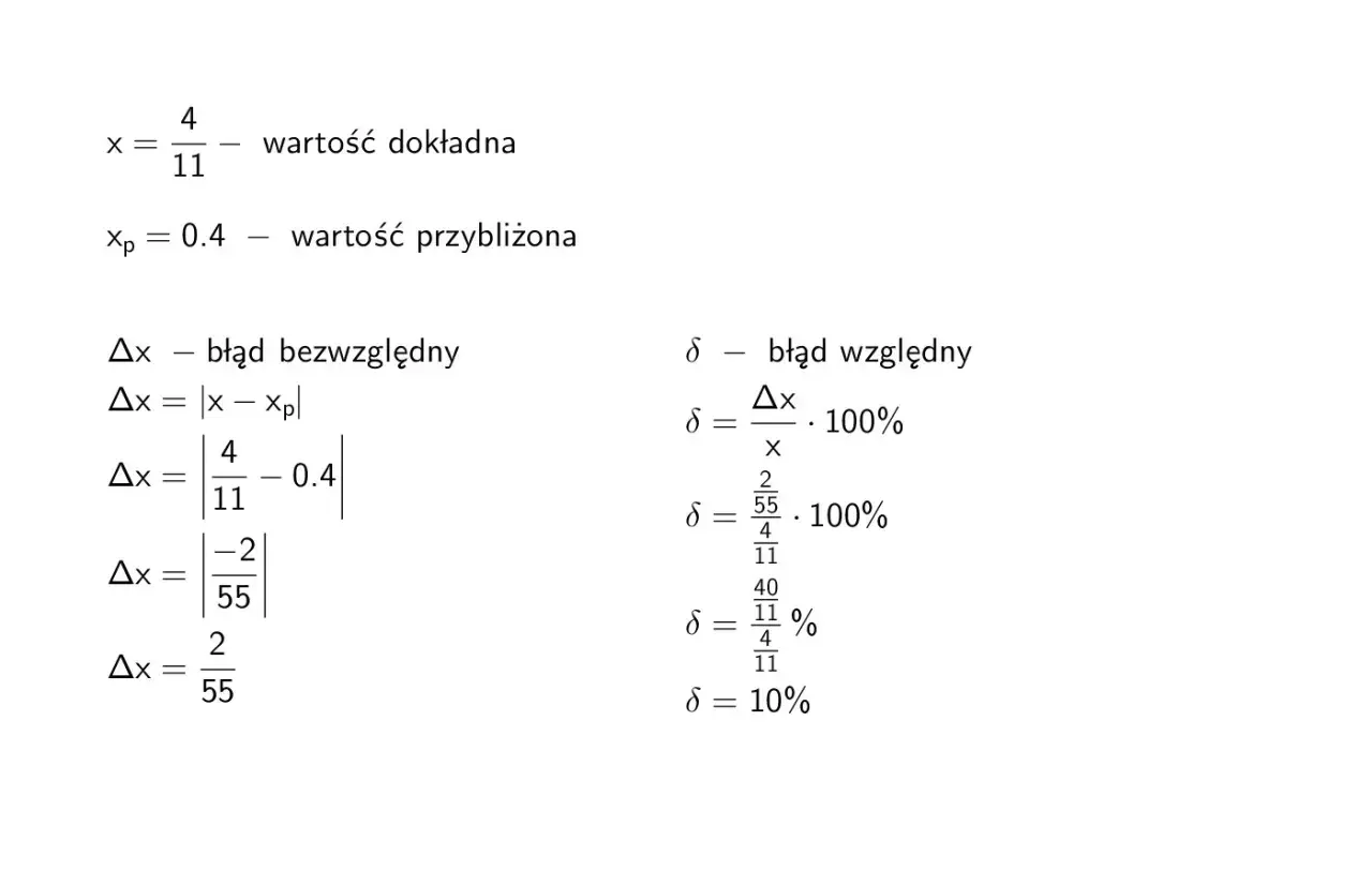 Obliczenia błędu względnego dla wartości x=4/11 i xp=0.4. Pokazano wzory i kroki obliczeniowe.