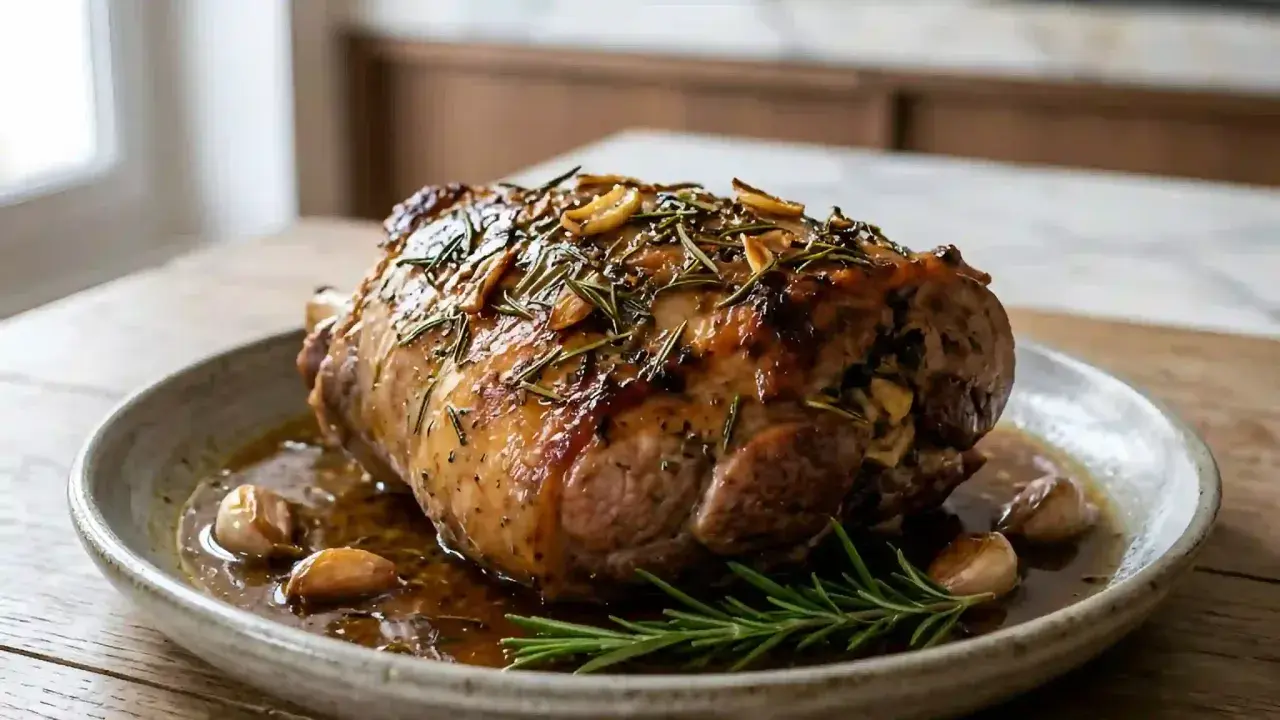 Gigot d'agneau rôti, parfumé au romarin et à l'ail, prêt à être dégusté. Une recette savoureuse pour un repas d'exception.