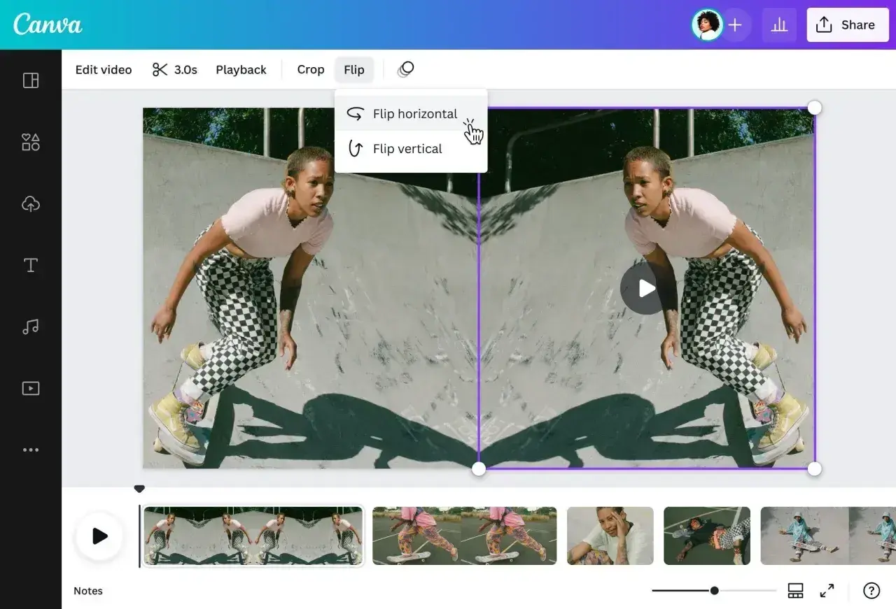 Jak zrobić odbicie lustrzane zdjęcia w Canvie? Kliknij "Flip", a następnie "Flip horizontal", aby uzyskać efekt lustrzanego odbicia.