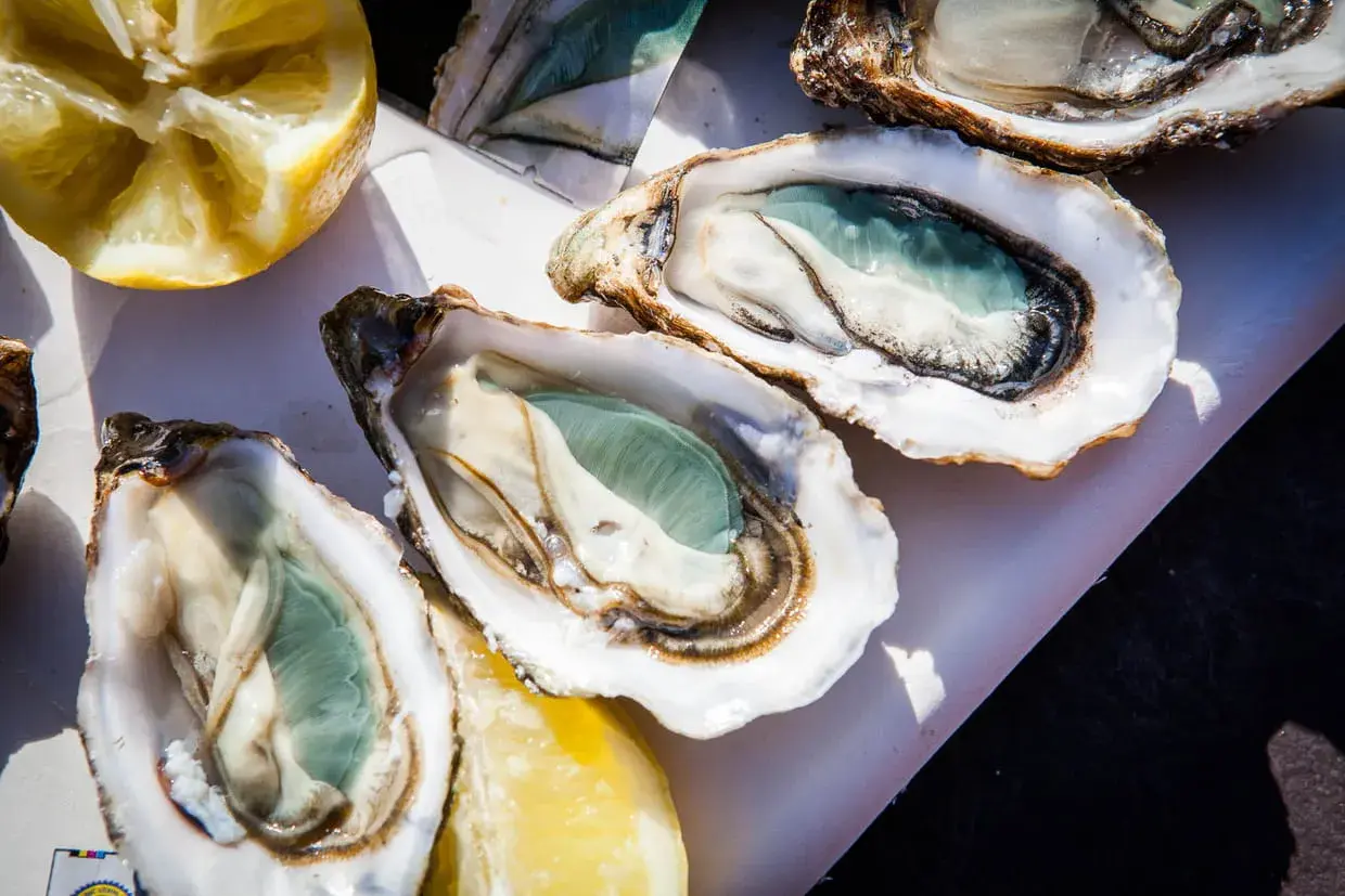 Trois huîtres vertes fraîchement ouvertes, prêtes à être dégustées avec des quartiers de citron.