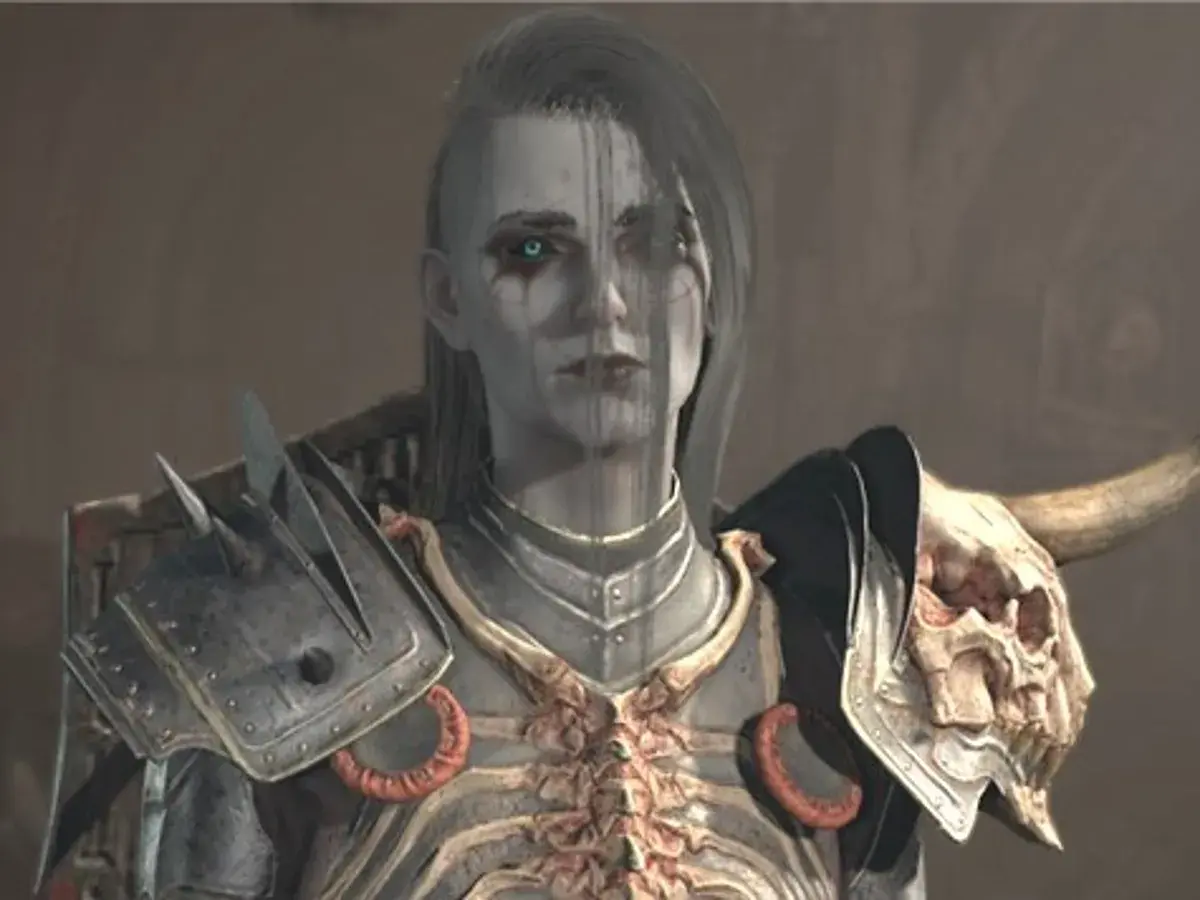 Mroczna nekromantka z Diablo 4, z niebieskimi oczami i kościaną zbroją, gotowa do walki.
