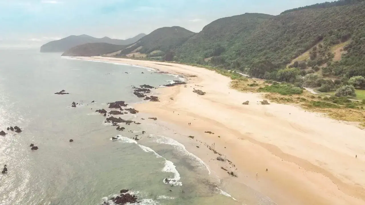 Vista aérea de la **playa Trengandin**, con arena dorada, rocas oscuras y colinas verdes al fondo.