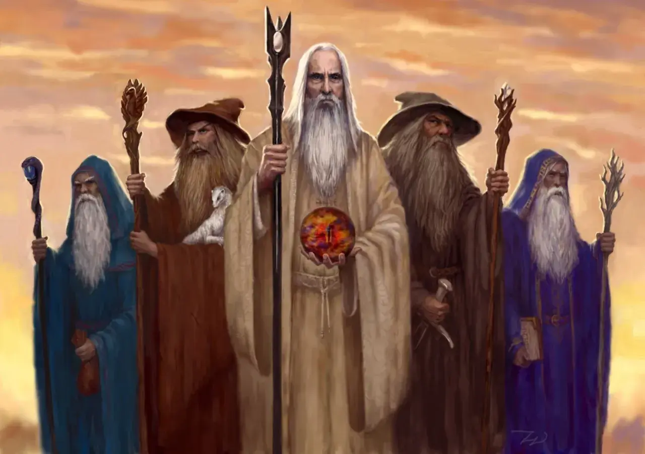 Pięciu czarodziejów, w tym Gandalf, stoi razem, trzymając magiczne kule i kostury.