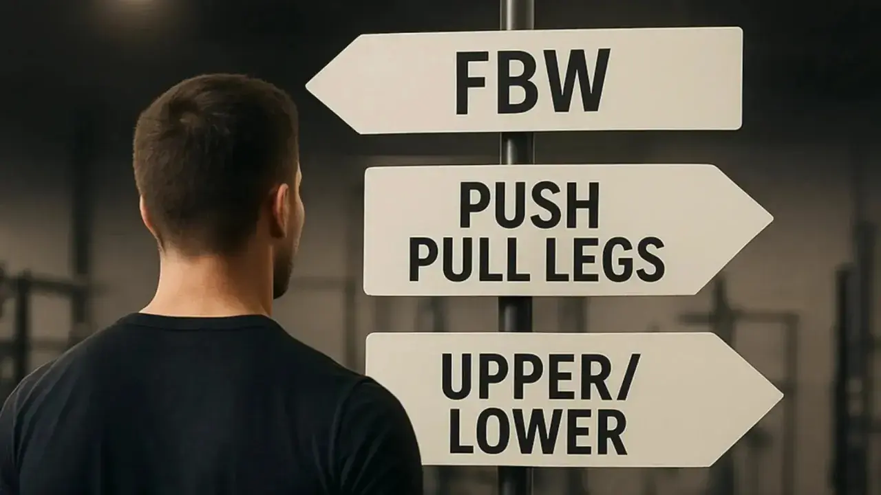 Mężczyzna przed znakiem drogowym z opcjami treningowymi: FBW, PUSH PULL LEGS, UPPER/LOWER. Którą ścieżkę wybierze?