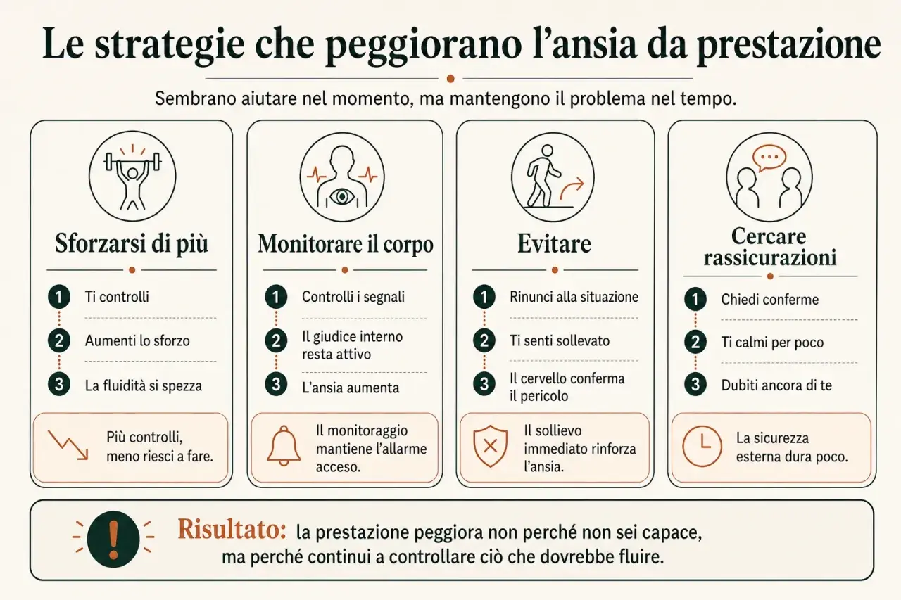 Strategie che peggiorano l'ansia da prestazione: sforzarsi, monitorare il corpo, evitare e cercare rassicurazioni. Il risultato è un peggioramento della performance.