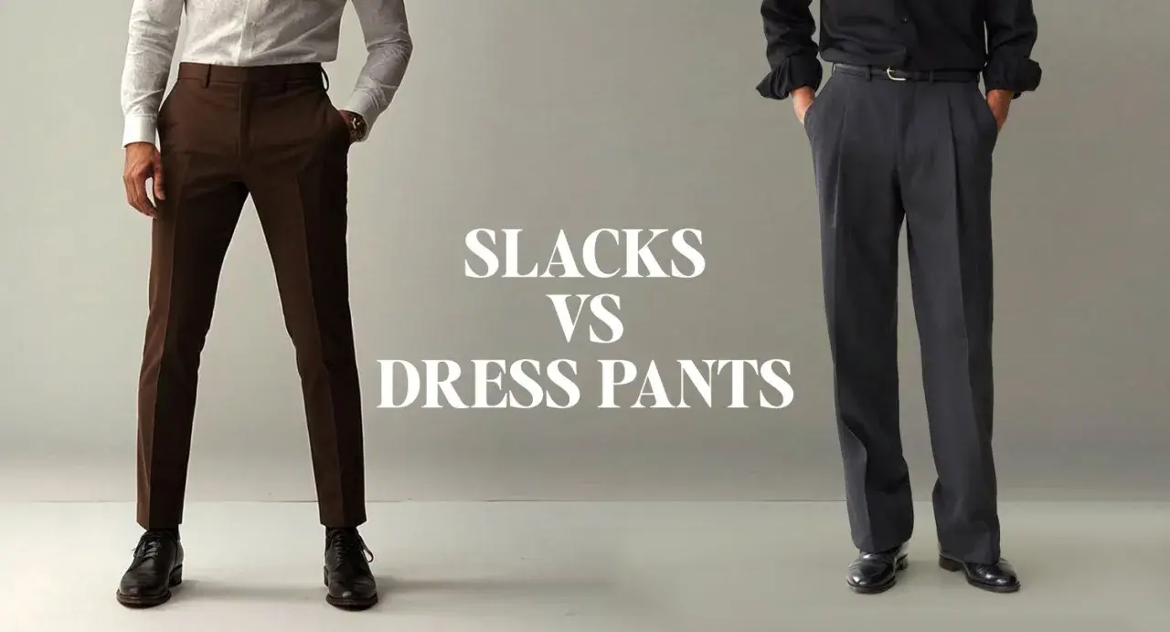 A side-by-side comparison of slacks vs dress pants, showcasing different styles and fits for men's formal wear.