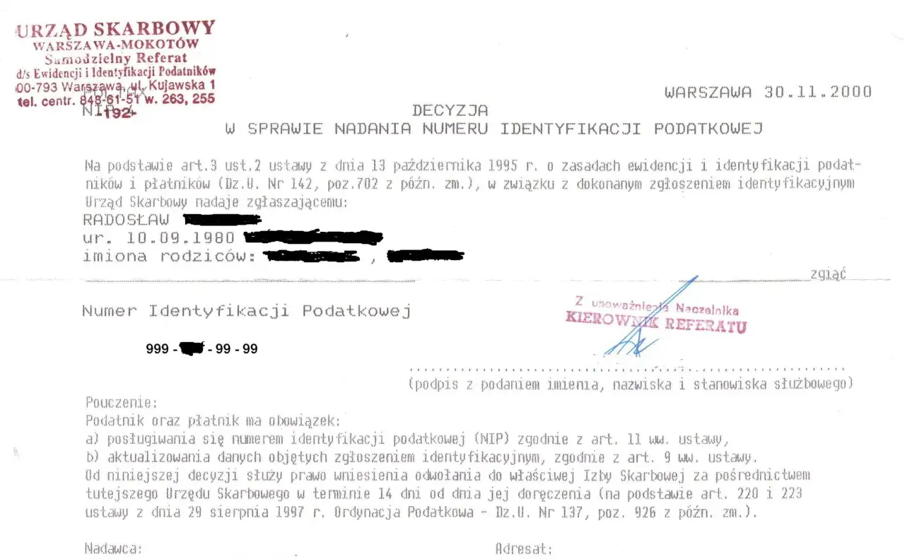 Decyzja Urzędu Skarbowego o nadaniu numeru identyfikacji podatkowej (NIP).