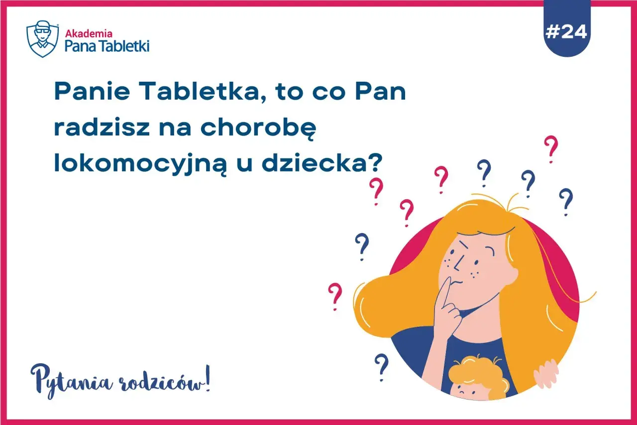 Pytanie rodziców: Panie Tabletka, co radzisz na objawy choroby lokomocyjnej u dziecka? Ilustracja przedstawia zamyśloną osobę otoczoną znakami zapytania.