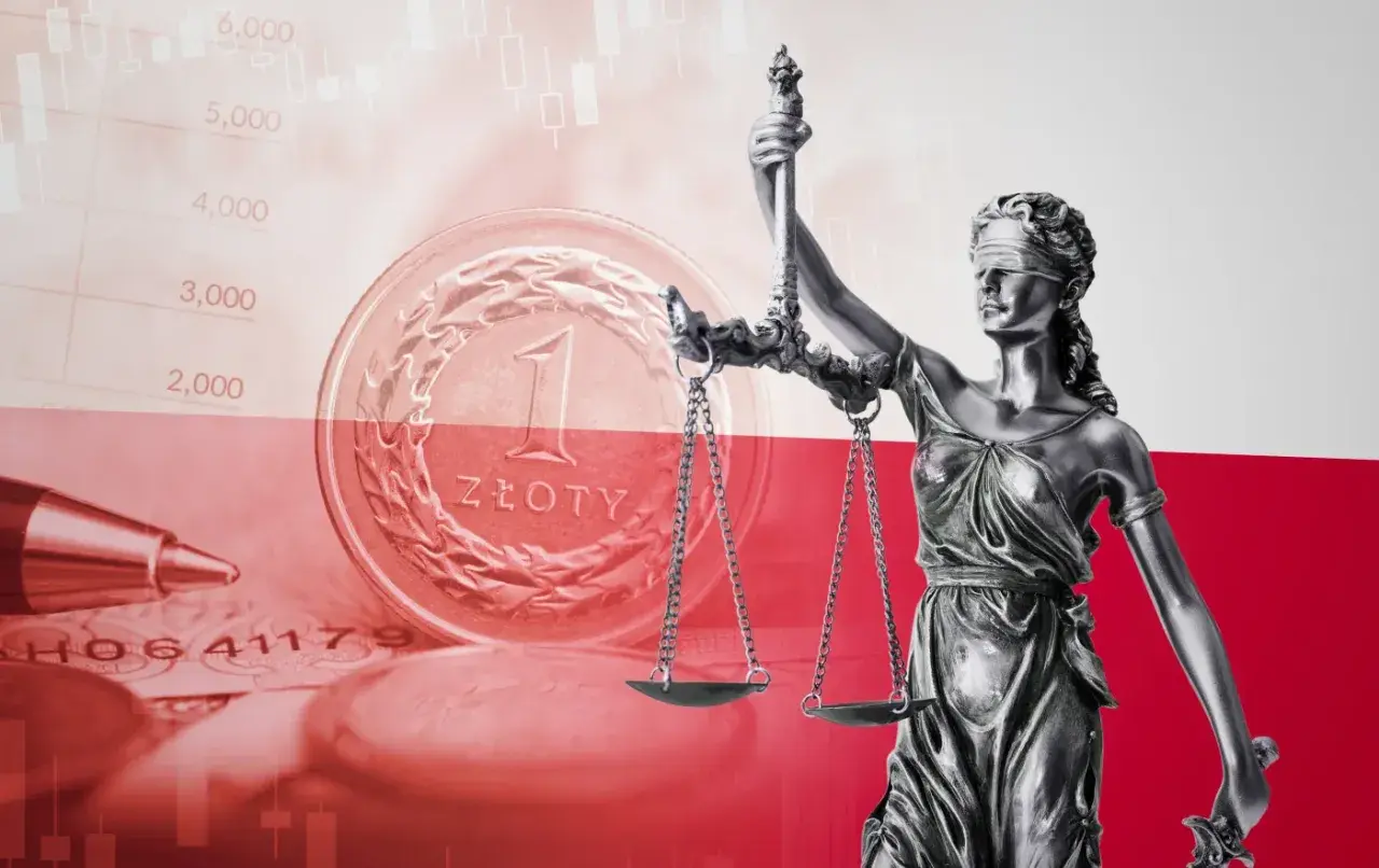 Temida z wagą i monetą 1 złoty, symbol sprawiedliwości i finansów. Sygnalista w pracy, dbający o uczciwość.