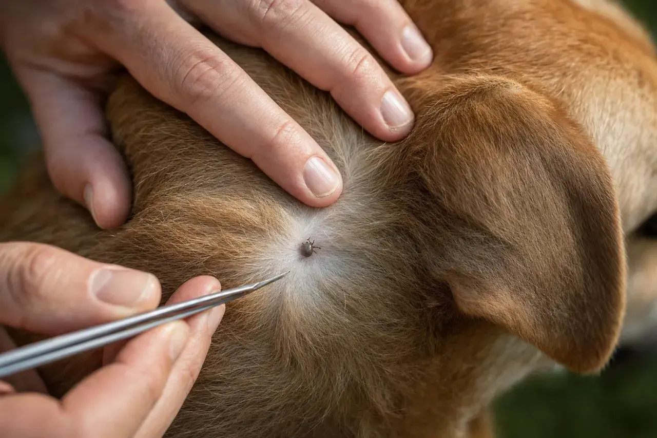 Rimozione di una zecca dal pelo di un cane con pinzette. Attenzione al morso zecca cane.