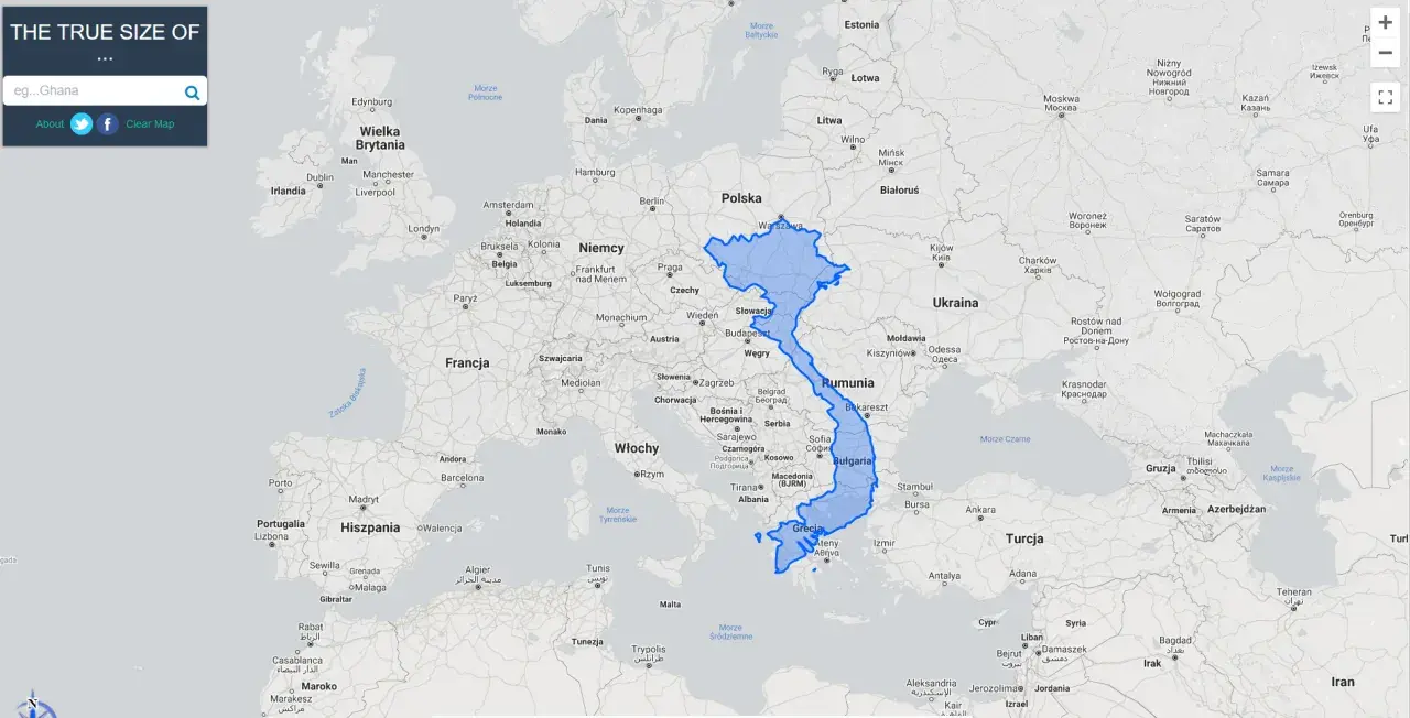 Powierzchnia Wietnamu porównana z Europą. Widać, jak duży jest Wietnam w stosunku do Polski i innych krajów.