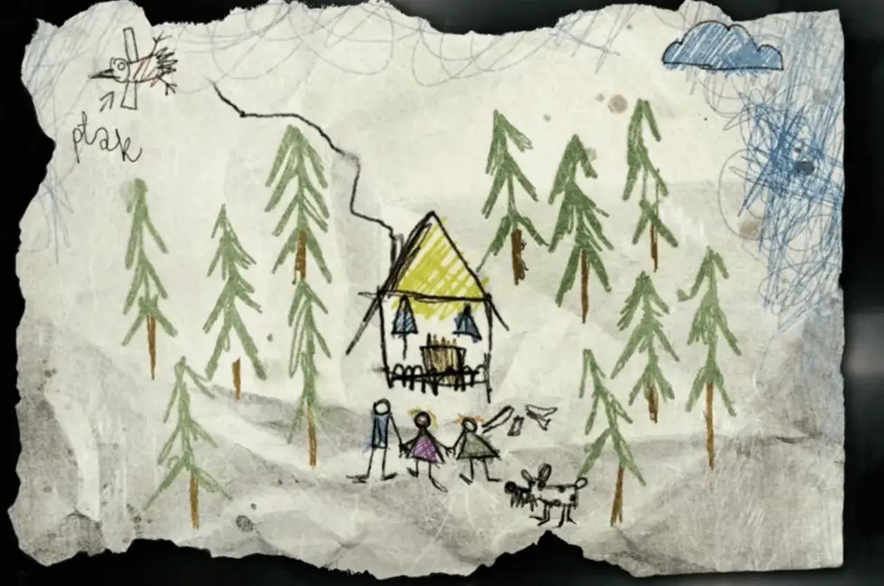 Dessin naïf : signification maison, soleil, arbre. Une famille et un chien devant une maisonnette dans une forêt. Un oiseau vole.