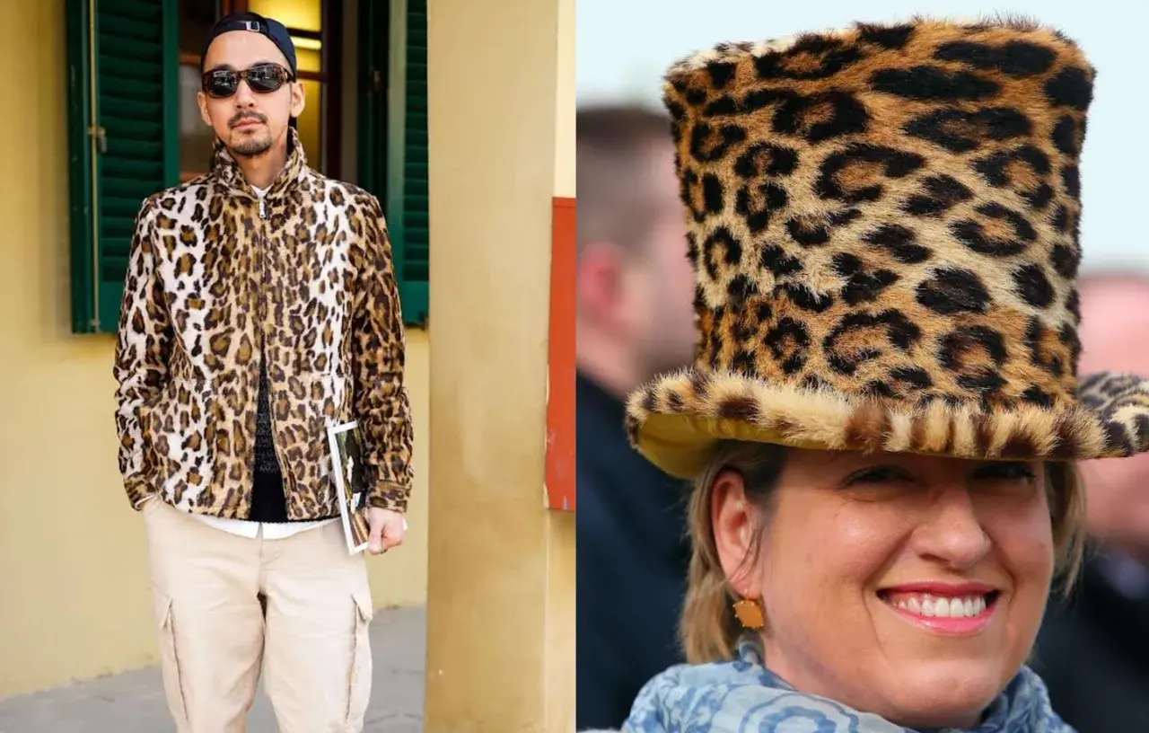 Un homme porte une veste au motif animalier léopard. Une femme arbore un chapeau haut de forme au même motif audacieux.