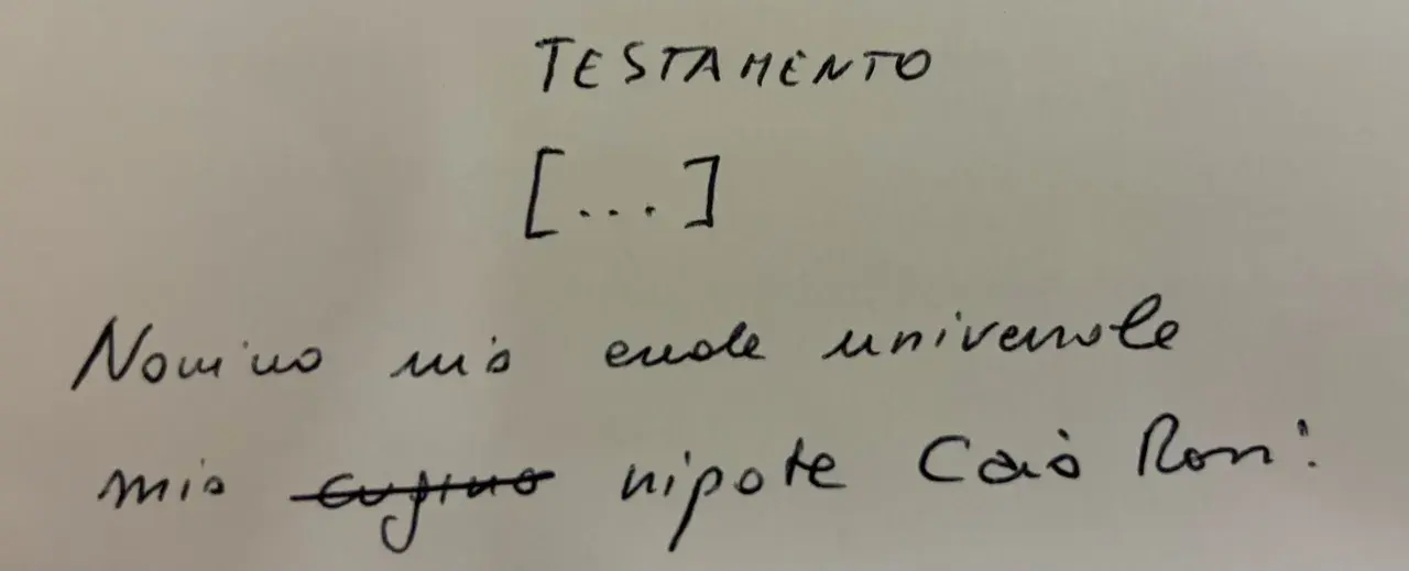 Testamento olografo non registrato: "Nomino mio erede universale mio cugino nipote Caio Ron". La validità è garantita dalla forma.