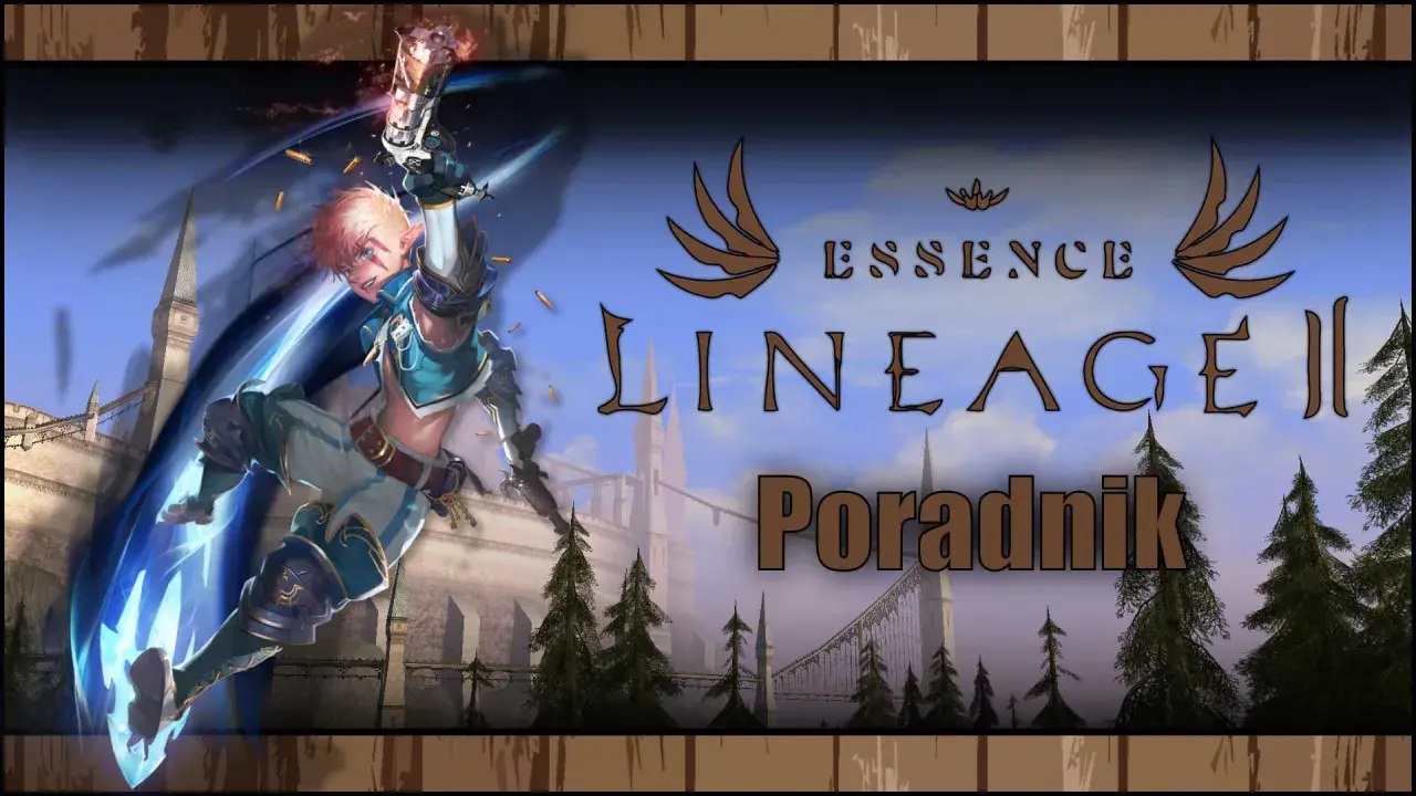 Dynamiczny wojownik w akcji, strzelający z pistoletu, na tle zamku i lasu. Grafika promuje Lineage 2 Essence.