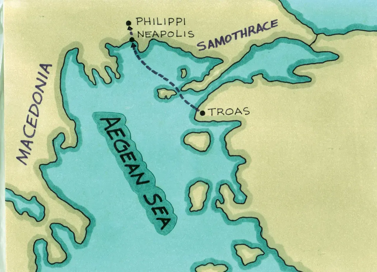 Mapa podróży Damaris przez Morze Egejskie, z Macedonii do Filipii i Troady.