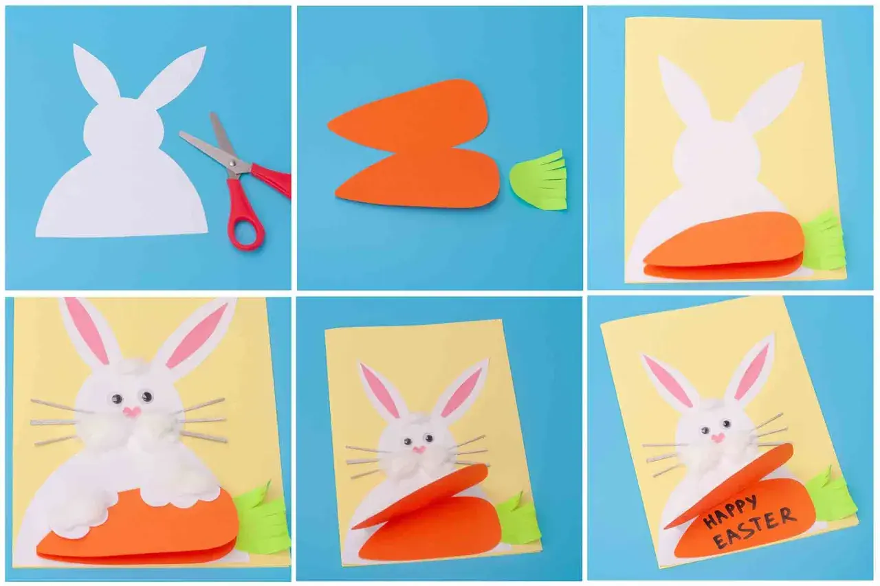 Tutorial per creare biglietti di Pasqua fai da te con coniglietto e carota. Passaggi per realizzare simpatici biglietti di Pasqua da costruire.