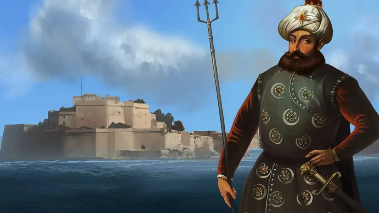Postać z trójzębem i mieczem na tle twierdzy. Może przydać się do gry Europa Universalis 4 kody.