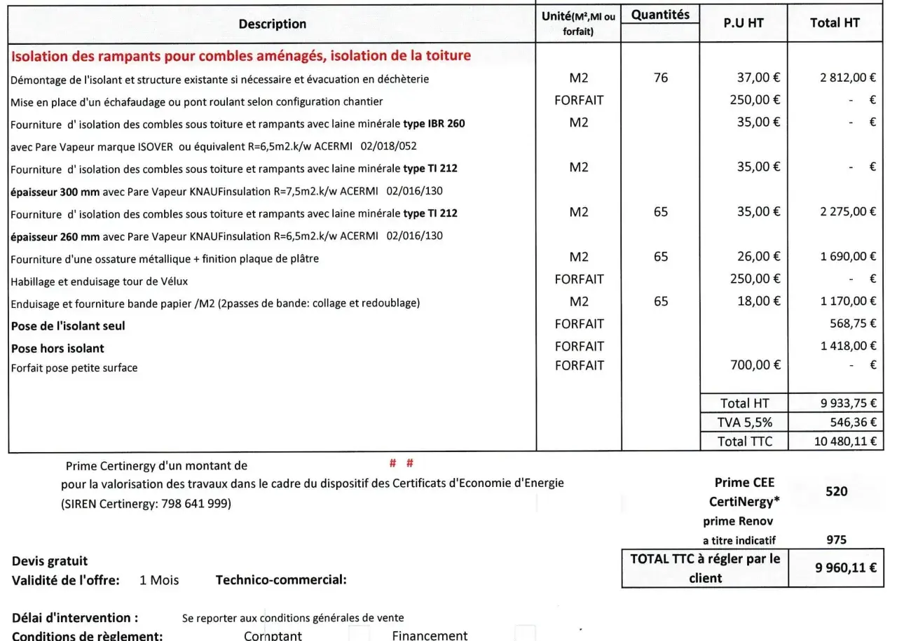 Exemple devis isolation combles : détail des matériaux, pose, finitions et primes pour une isolation de toiture performante.