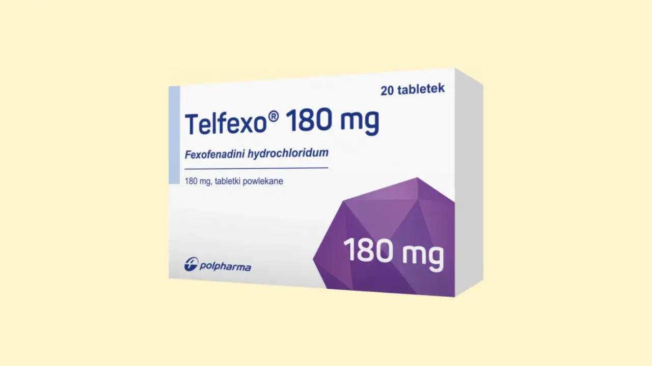 Opakowanie leku Telfexo 180 mg, zawierające 20 tabletek powlekanych z chlorowodorkiem fexofenadyny.