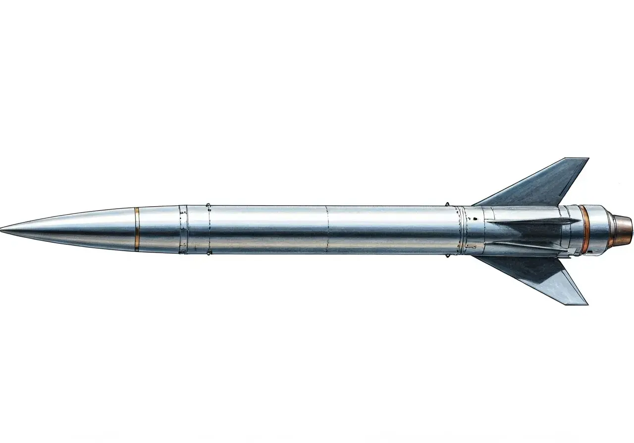 Srebrzysta rakieta, czyli missile po polsku, z ostrym stożkiem i trójkątnymi stabilizatorami, gotowa do startu.