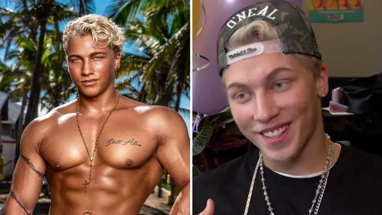Toby Paradise Hotel-deltagare med solbränd hud och blont hår, bärande smycken. Till höger, med keps och leende.